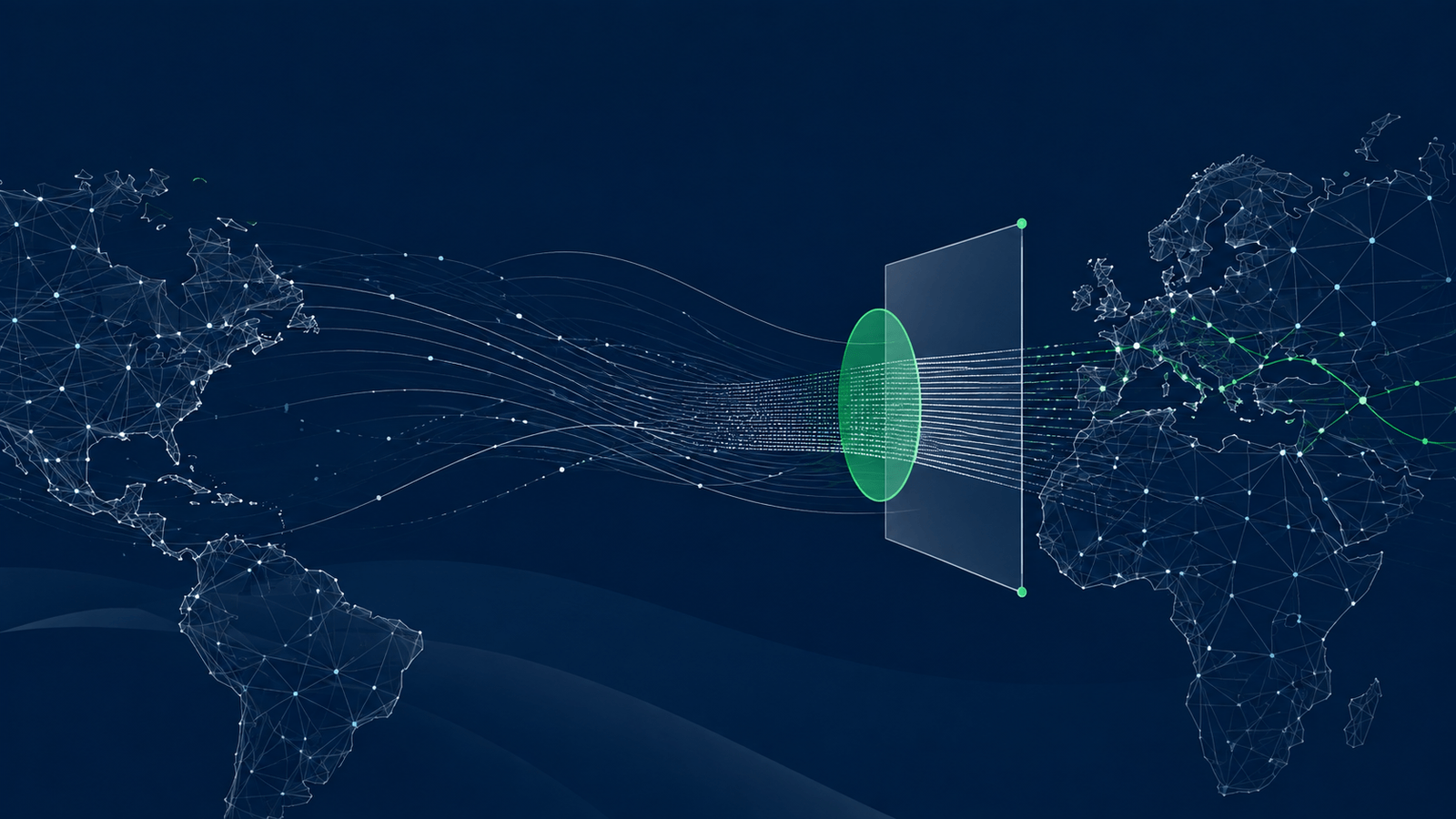 World map with glowing connection lines between continents, symbolizing cross-border data flow.