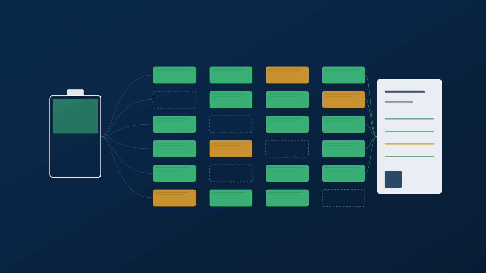 A battery cell outlined on a deep navy field, with rows of small data-point cards fanning out from it towards a product passport card. Some cards resolve in green, some in amber, and some stay outlined and empty.