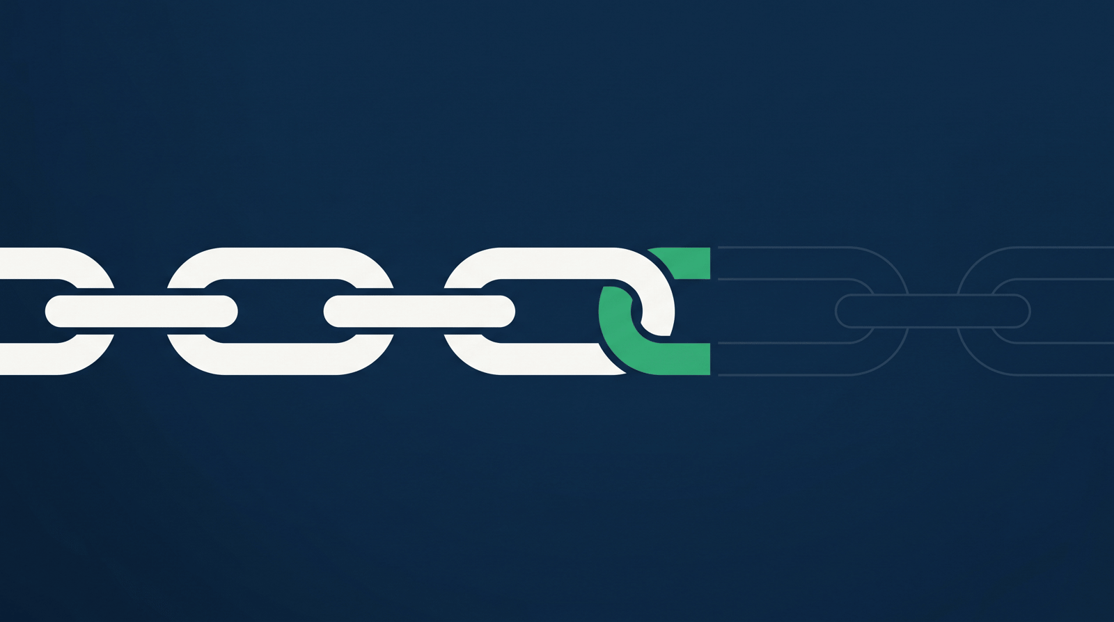 A horizontal chain across a deep navy field. The links on the left are solid white, one link in the middle is green, and the links continuing to the right are drawn only as faint outlines.